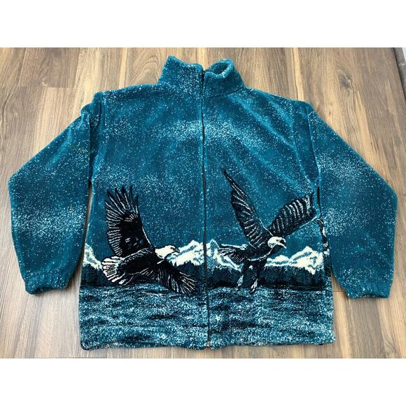 VTG 90s Sarah Fashions bald eagle nature all-over graphic deep pile fleece coat - Picture 1 of 5